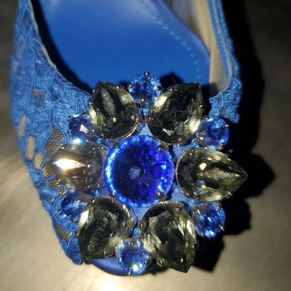 DOLCE & GABBANA Taormina Lace Crystals Blue Peep Toe Pump Heel Twee 39.5 - Picture 9 of 15